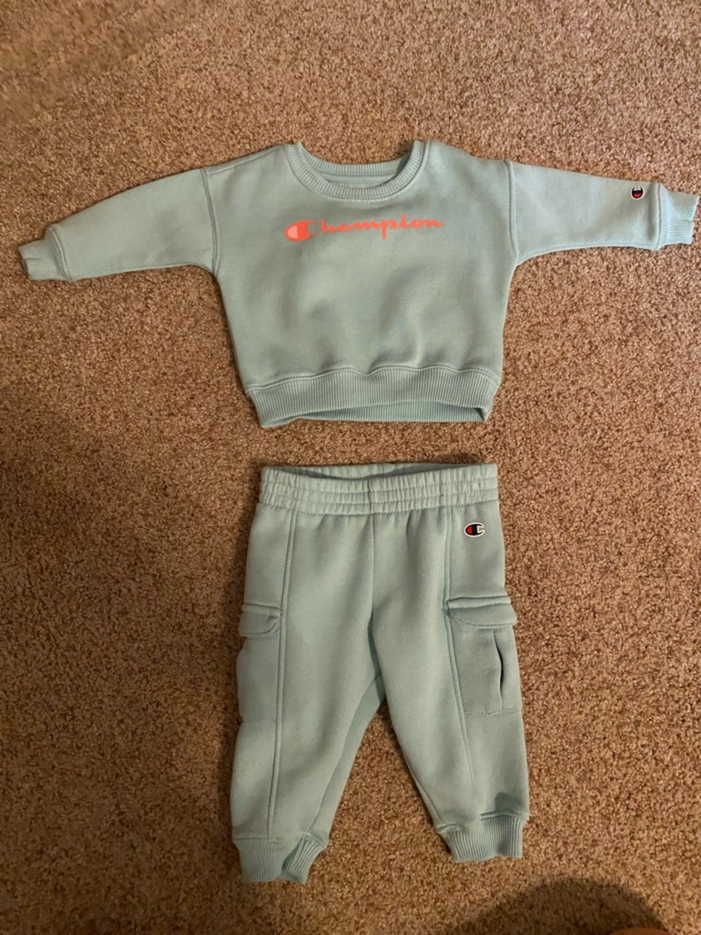 Champion Kids Mint Green Sweatshirt & Cargo Joggers Set with Coral Logo